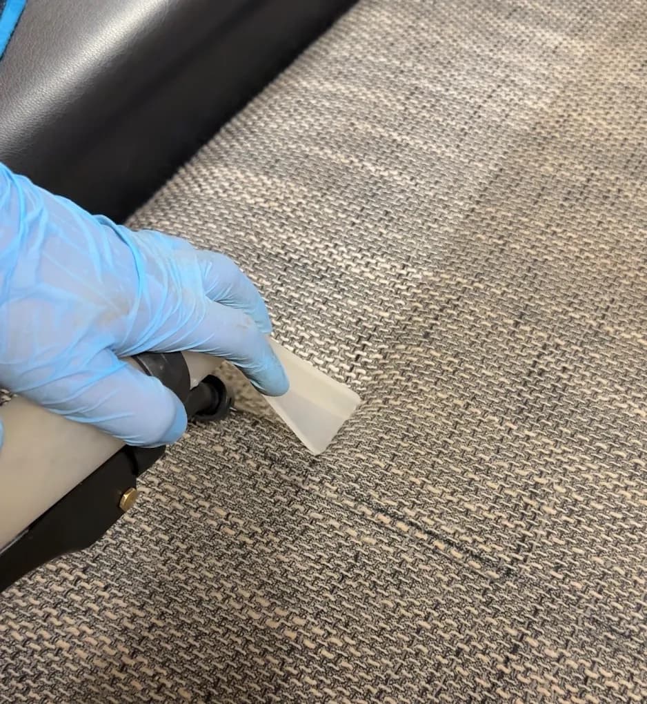 Dysza do prania ekstrakcyjnego w dłoni w niebieskiej rękawiczce, na tkaninie widać czysty pas po praniu